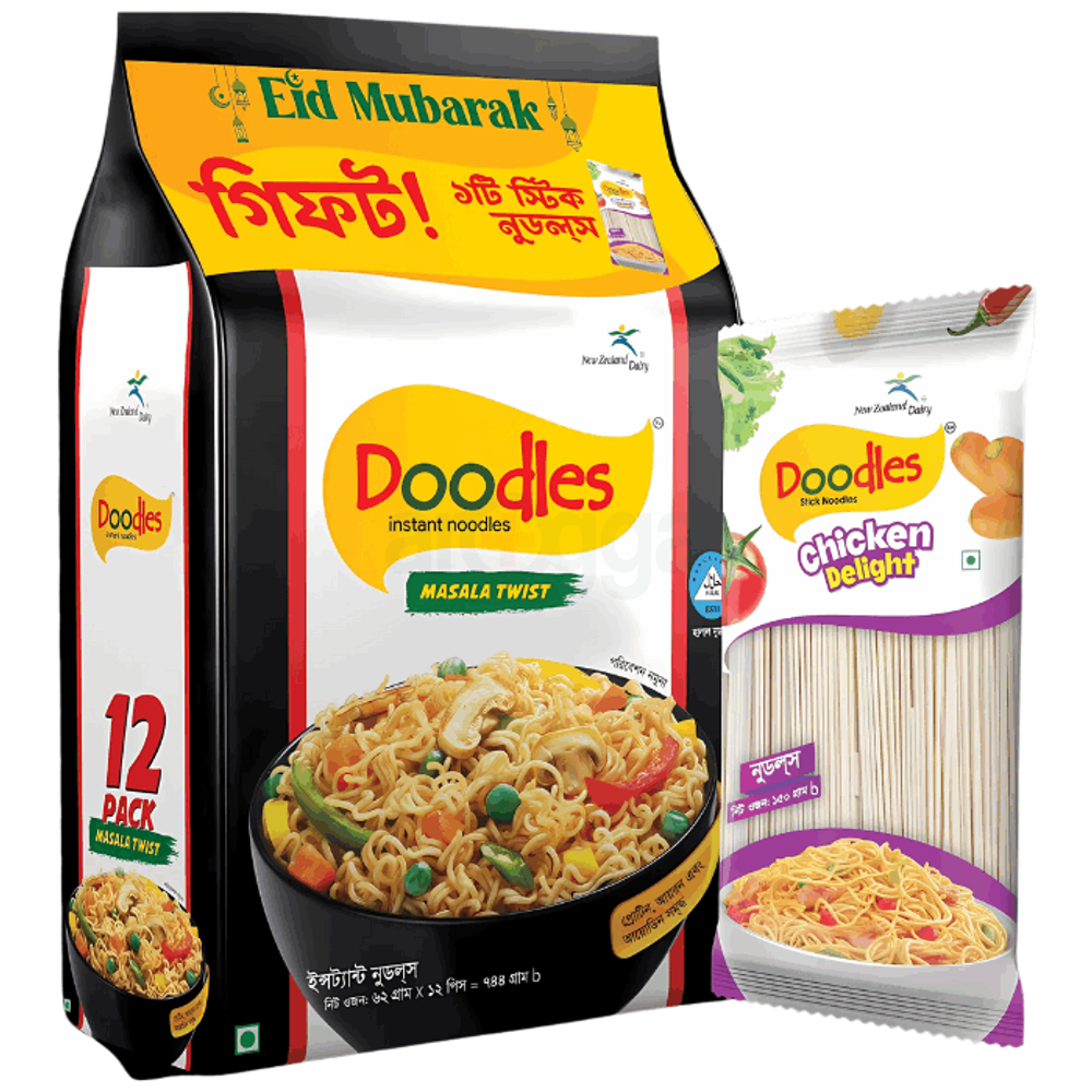 Doodles Instant Noodles (Masala Twist) Gift Pack 12pcs (1Chicken Delight Noodles Free)